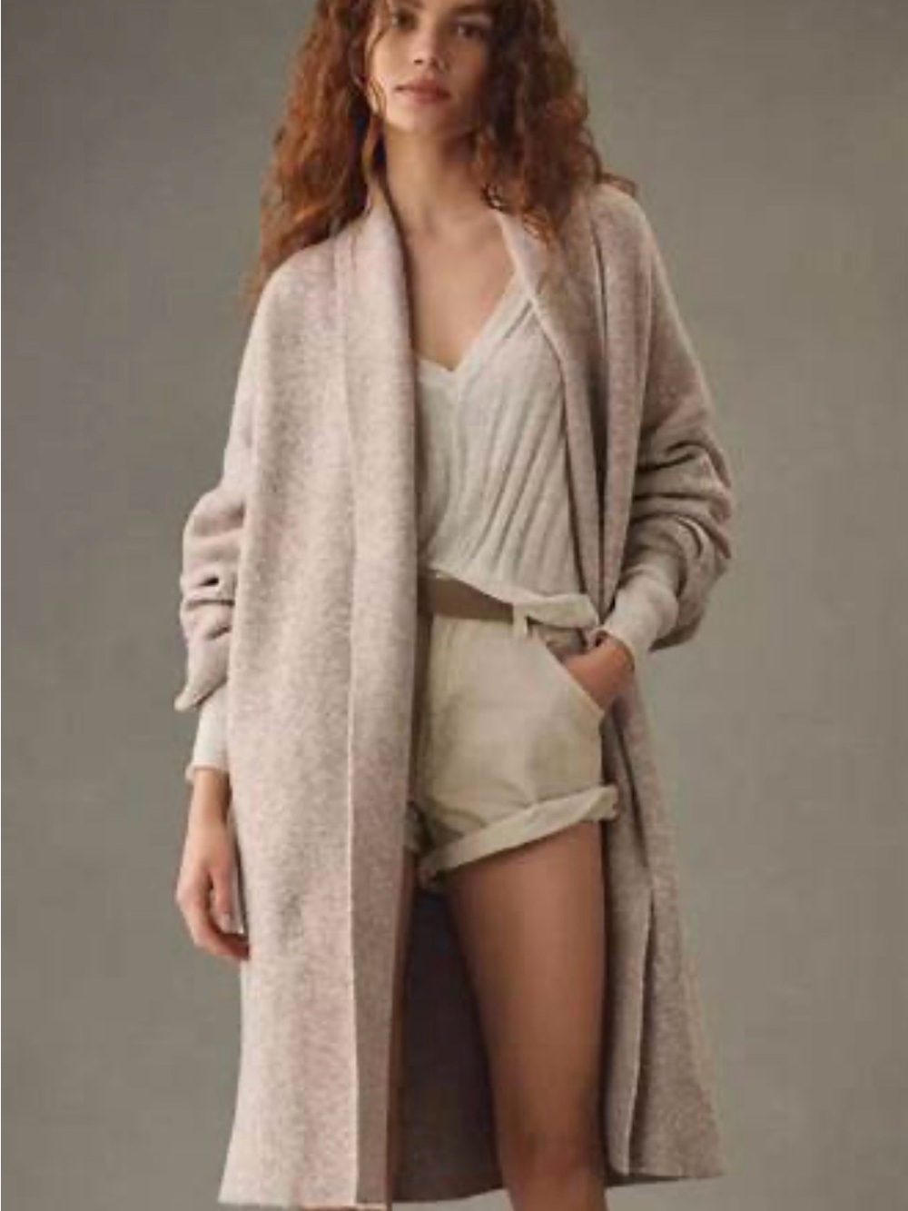 Anthropologie Mariel Longline Open Front Cozy Beige Cardigan Coat One Size - Picture 2 of 2